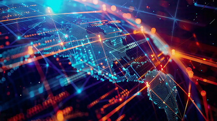 Obraz premium Blockchain technology on a futuristic HUD interface world globe and polygon peer-to-peer network global cryptocurrency fintech business conceptluminous digital elements 