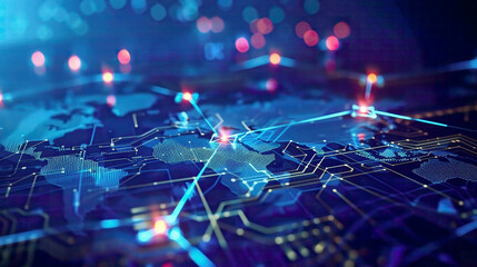 Obraz premium Blockchain technology on futuristic HUD background with world map and blockchain peer to peer network. 