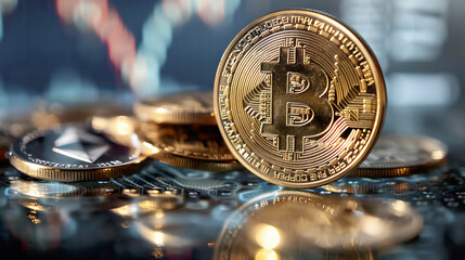 Close-up of Bitcoin and Ethereum coins detailed texture 