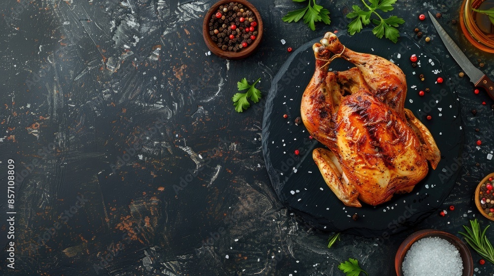 Poster ready to cook whole chicken seasoned with spices and salt for frying salt base for roasting meat top
