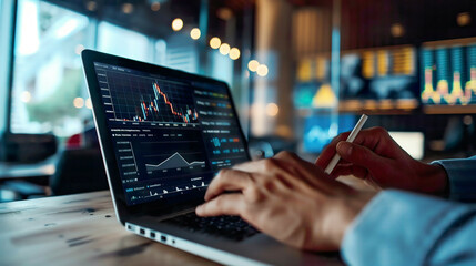 Cropped photo of businessman analyzing business diagram marketing statistics and finance market graphs on laptop monitor in the office. 