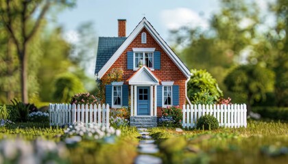 Classic Suburban Miniature Toy House with White Picket Fence and Garden Illustration