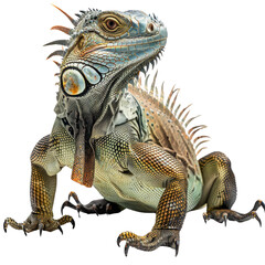 Obraz premium Close-up of a colorful iguana showing intricate patterns and textures on its skin, highlighting its majestic and exotic appearance.