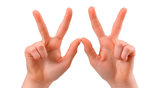 Two man's hands making peace sign with touching thumbs isolated on transparente background.
