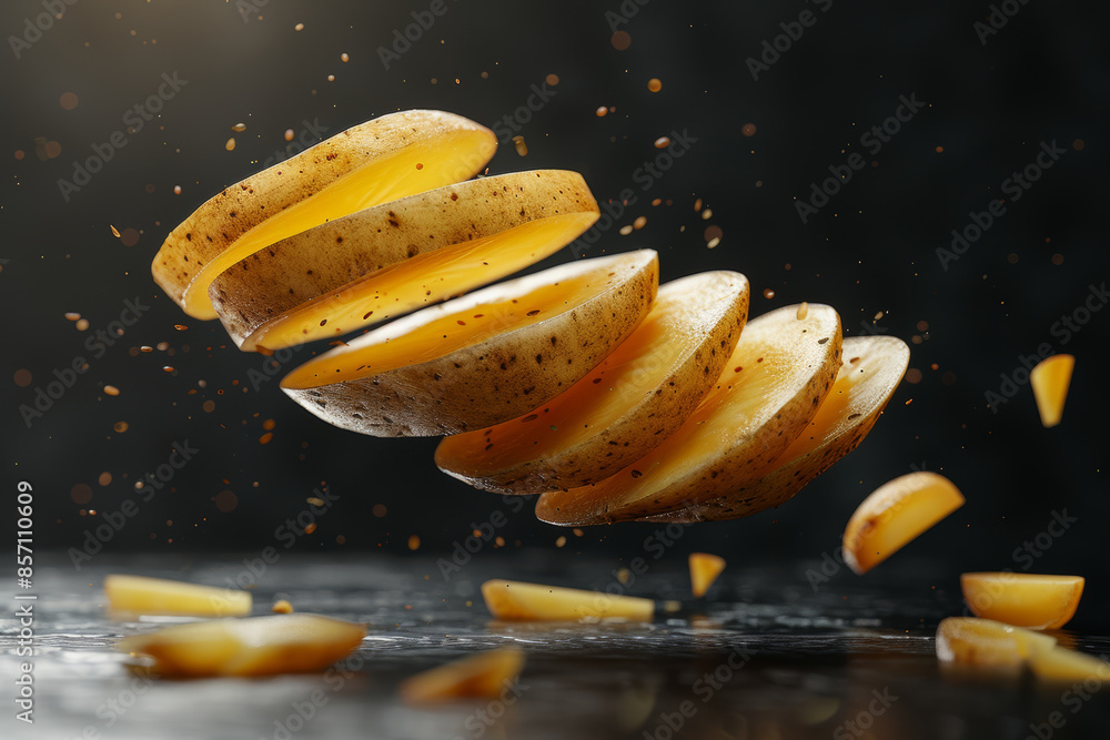 Wall mural Floating Sliced Potato with Dramatic Lighting and Dark Background