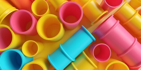 An overhead view showcasing a vibrant mix of plastic tubes, arranged randomly but creating a pleasing visual effect. The tubes are in pink, yellow, and blue hues.