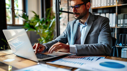 Detailed cropped photo of a businessman reviewing business diagrams marketing statistics and financial graphs on a laptop screen in the officeprofessional setting 