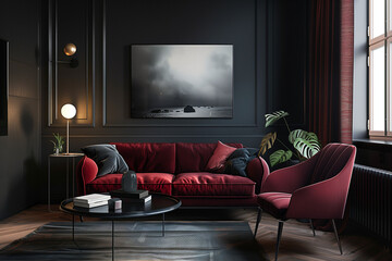photo of red sofa and recliner chair with plants in a scandinavian clean and minimalist living room apartment and design interior furniture