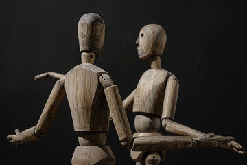 Two Wooden Artist Mannequins in Conversation against Black Background