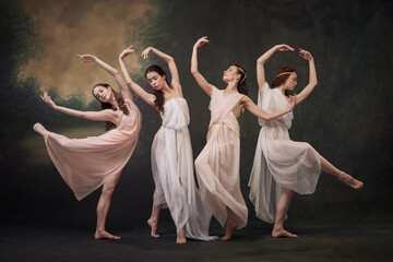 Serene Ballet. Ethereal ballerinas dancers posing in floating beige dress against vintage studio background. Concept of ballet, history and classic, fusion of modernity and ancient times in art.