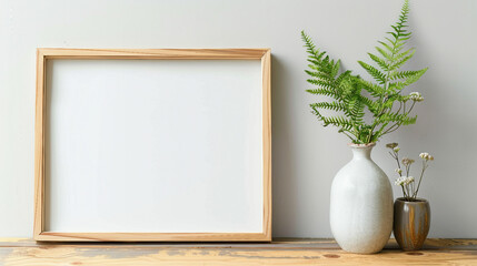 Light wooden frame mockup with fern leaves in a ceramic vase on a wooden table against a grey background.