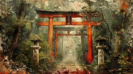 japanese shrine view, a striking image of red torii gates weaving through a dense forest to a secluded shrine in a japanese landscape, captured in a grunge poster style