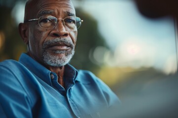 Senior African American Man Driving at Sunset, Reflective and Focused in a Car
