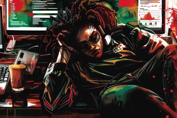 Edgy digital art of a person with sunglasses sitting in front of computers, showcasing intense colors and tech atmosphere.