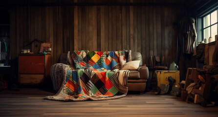 Cozy patchwork blanket on a recliner in a rustic cabin interior
