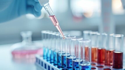 Fototapeta premium A scientist carefully filling test tubes with a pipette, tray of various colored liquids, laboratory setting, focus on precision and concentration