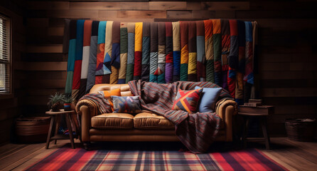 Rustic living room with leather sofa and colorful patchwork quilt