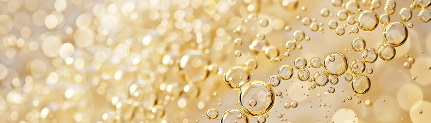 Fototapeta premium Close Up of Sparkling Bubbles in Golden Liquid with Soft Focus and Warm Light