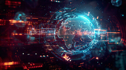 Futuristic HUD background with blockchain technology world globe and polygon peer-to-peer network global cryptocurrency fintech business banner conceptluminous digital design 