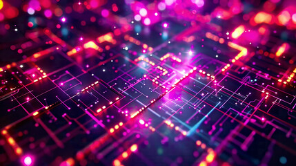 Fototapeta premium Futuristic LED light abstract effect glare cubes digital CPU signal shining grid big data neon flare quantum computer network system magic code grid HUD lines web device blocks system