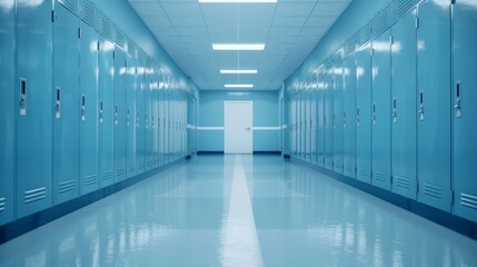 Blue locker-lined school hallway, empty and well-lit by fluorescent lights, creating a peaceful and tidy Back to School scene