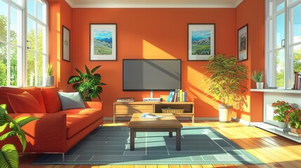 A modern living room with a sectional sofa, a coffee table, and a flat-screen TV, illustration background