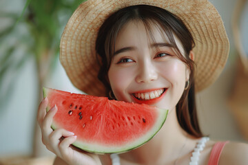 Woman enjoying slice of watermelon on sunny day, with her eyes closed smile on her face