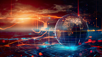 Global business network representing economic growth financial and banking data analysis stock market trends AI technology data security blockchain connections detailed and futuristic design 