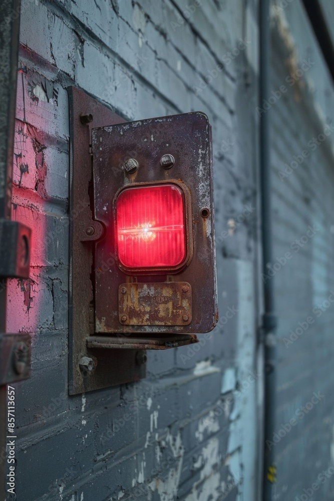 Aufkleber a close-up view of a red light shining on a brick wall, with textured and worn surface