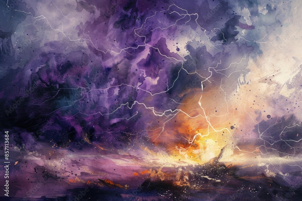 Poster a dramatic image of a storm with lightning bolts striking through the dark clouds