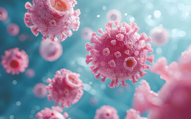 Close Up View of Pink Viruses Against a Blue Background in a Medical Illustration