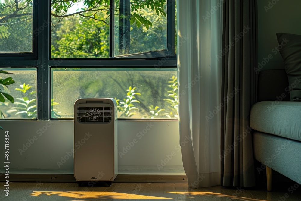 Poster an air conditioner sitting in front of a window
