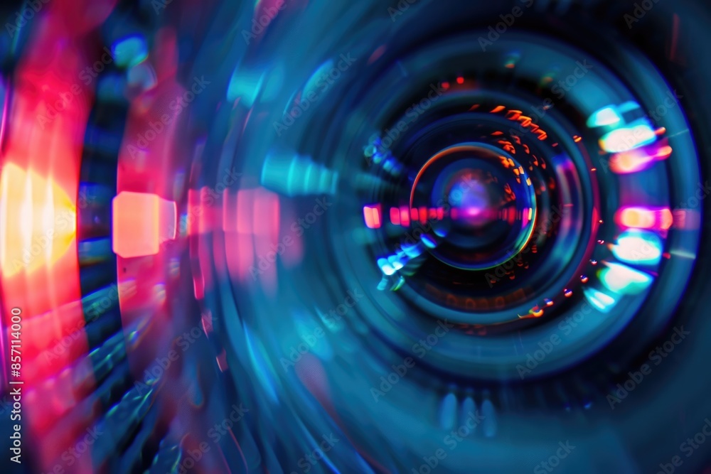 Poster A close-up view of a camera lens with intricate details and reflections