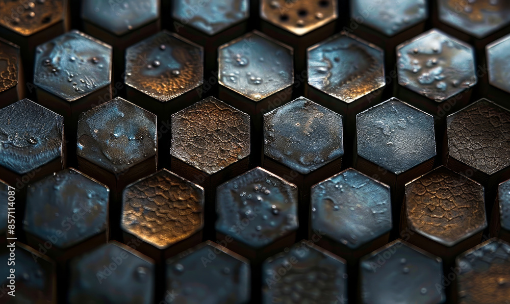 Poster close-up of metallic hexagonal pattern with droplets and rusted texture in evening light - industria