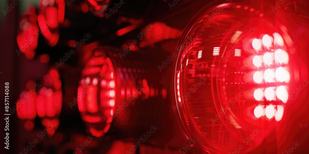 Poster a close-up shot of a bright red light on a wall, suitable for use in designs related to warning sign