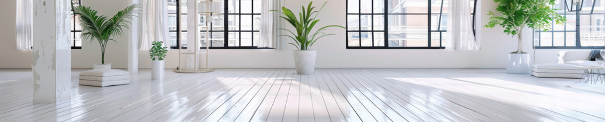 Spacious Sunlit Interior with Minimalist Design and Indoor Plants in Modern Loft