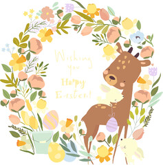 Cute Cartoon Wreath with Animals celebrating Easter. Vector Illustration
