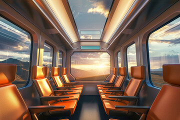 Fototapeta premium Inside a modern train, spacious seats are illuminated by the soft light of the sunset through wide windows, offering a serene journey.