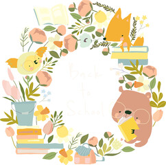 Fototapeta premium Cute Cartoon Wreath with Animals reading Books. Vector Illustration