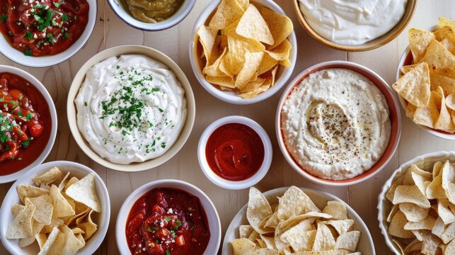 A table filled with bowls of dips and tortillas, perfect for a snack or party