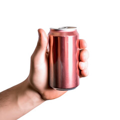 Male hand holding blank red soda can, isolated on transparent background