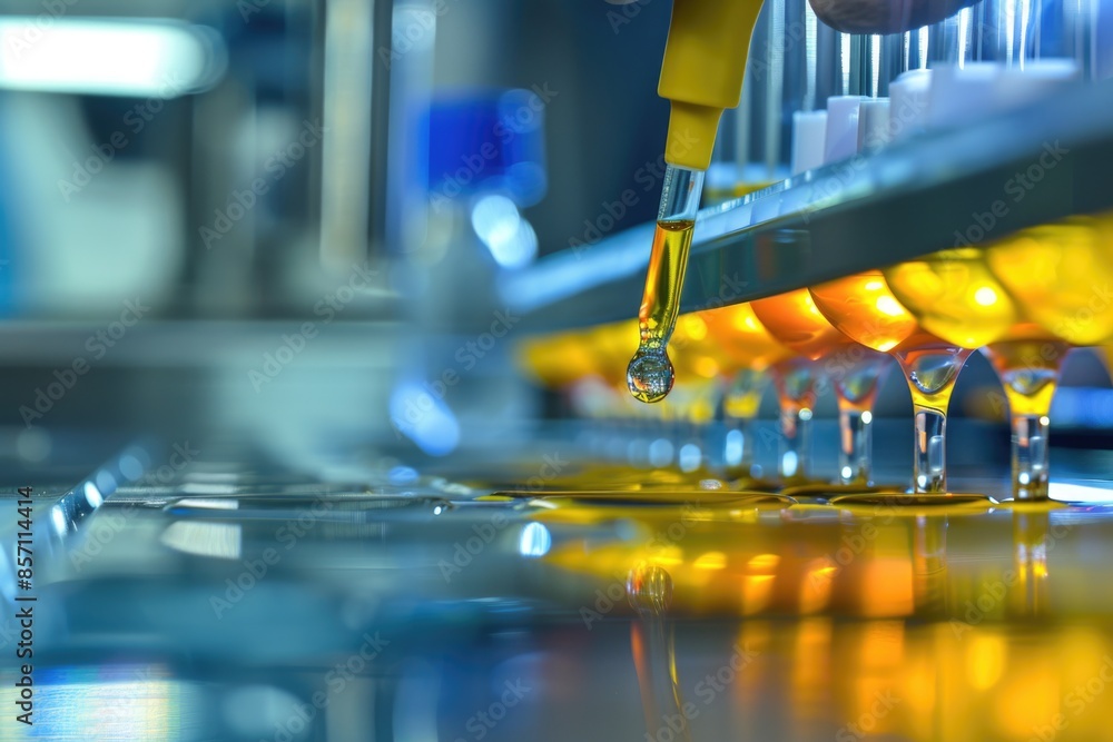 Poster scientist filling wine glasses with liquid in a laboratory setting