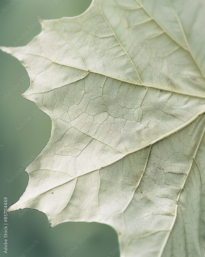Poster soft green and white monochromatic macro image of maple leaf detailing fine veins and textures signi