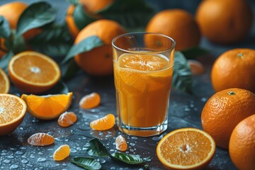 A glass of freshly squeezed orange juice surrounded by whole oranges and orange slices. 