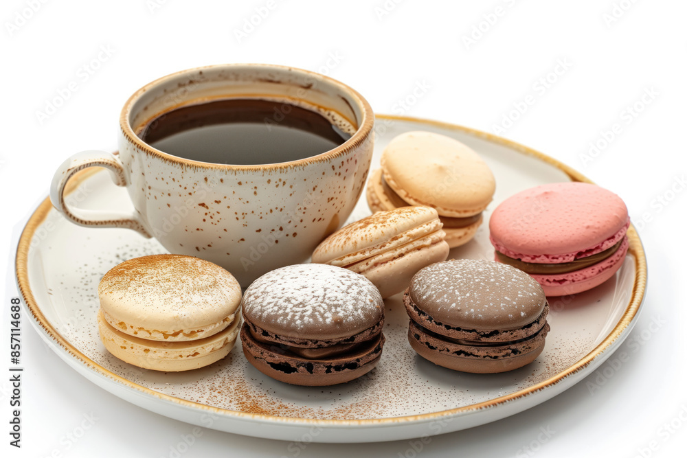 Poster macarons and coffee on a plate isolated on a white background. created with generative ai technology