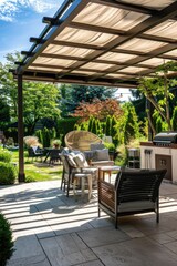Obraz premium A covered patio with a grill and comfortable seating, perfect for outdoor gatherings