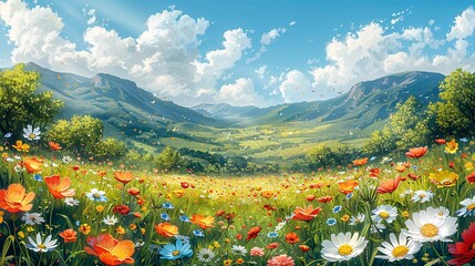 Sunny day with blue skies and vibrant flowers.