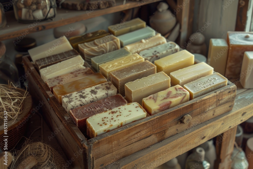 Poster a wooden box containing various types of soap