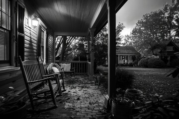 A classic American porch with two vintage-style rocking chairs, perfect for a cozy afternoon