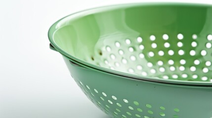 A green colander sits on a white table, ready for use